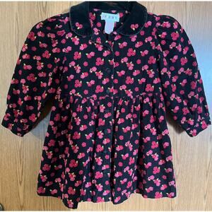 Girl’s Vintage Gymboree Pink and Black Floral Corduroy Collared Button Up Dress